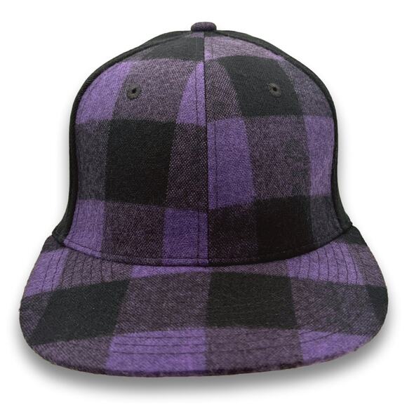 Plaid Purple Baseball Cap Flat Bill One Size Flex Fitting Spandex Lumberjack Hat - Picture 2 of 8